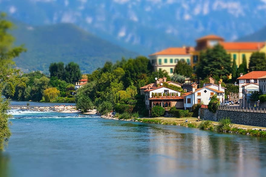 Bassano Del Grappa, River, City, Italy, water, summer, mountain, travel, landscape, vacations, blue