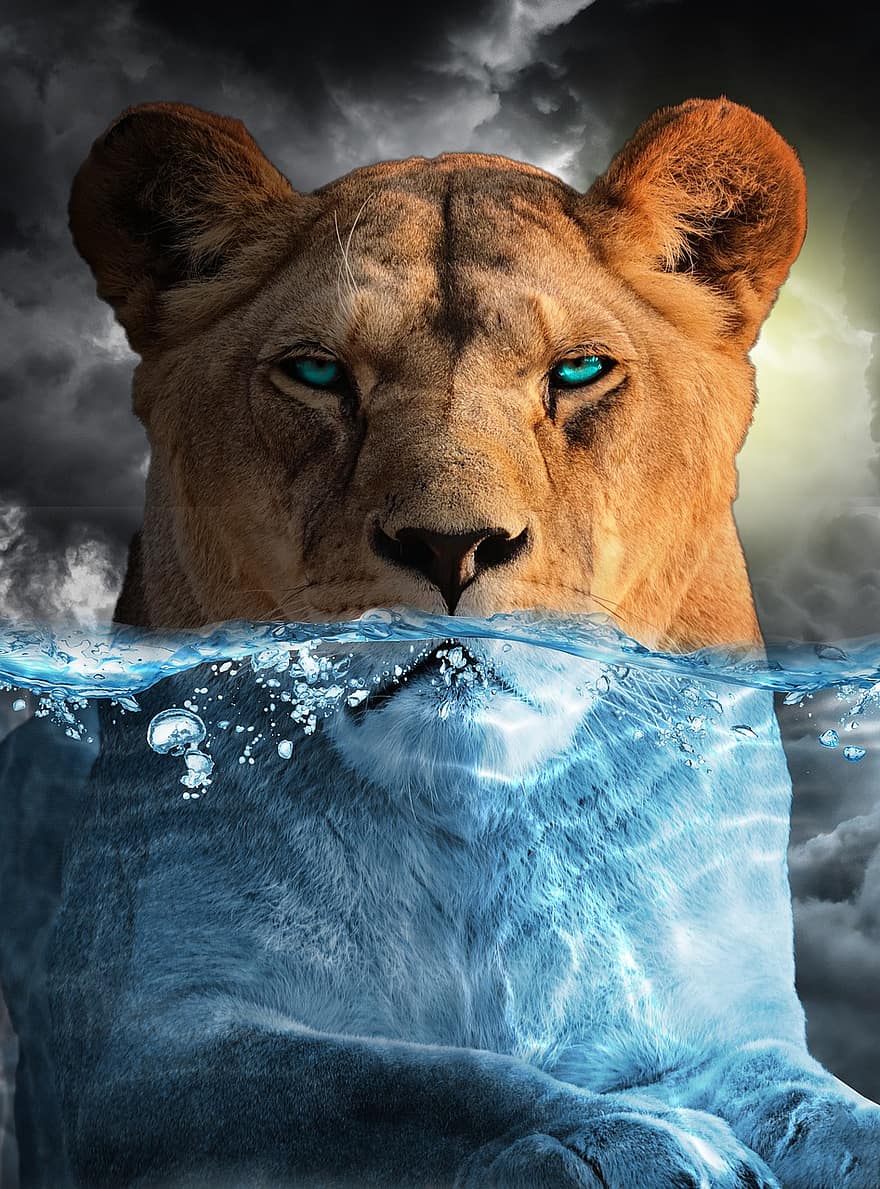 nőstény oroszlán, viz alatti, kék szemek, víz, oroszlán, állat, emlős, nagy macska, vadállat, vadvilág, rosszkedvű