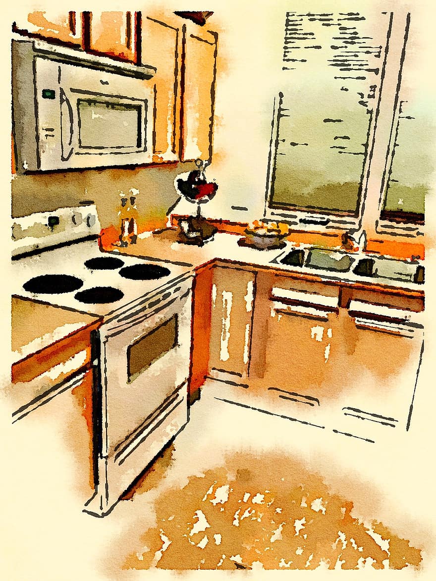keuken-, waterverf, tekening, interieur