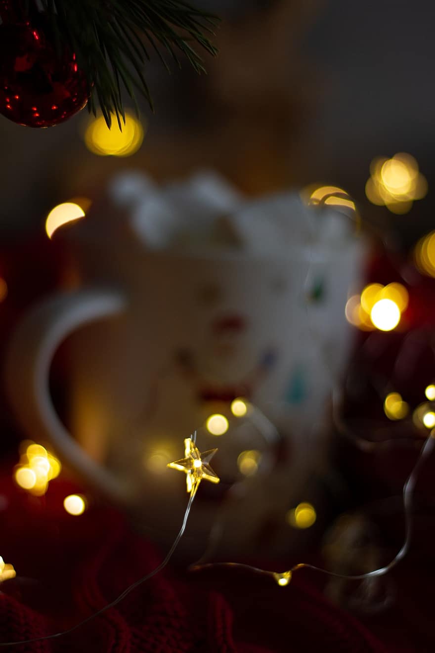 tassa, llums de Nadal, malví, menjar, beure, begudes, Nadal, bola de nadal, estrella, bauble, natura morta