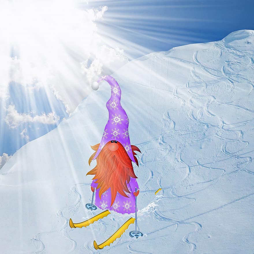 gnome, nan, esquiar, neu, Nadal, turó, llum solar, cel, pistes de neu, temporada