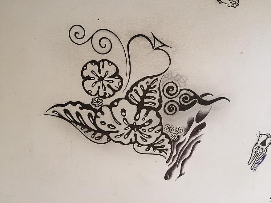 doodle, blæk, blomst, sort og hvid