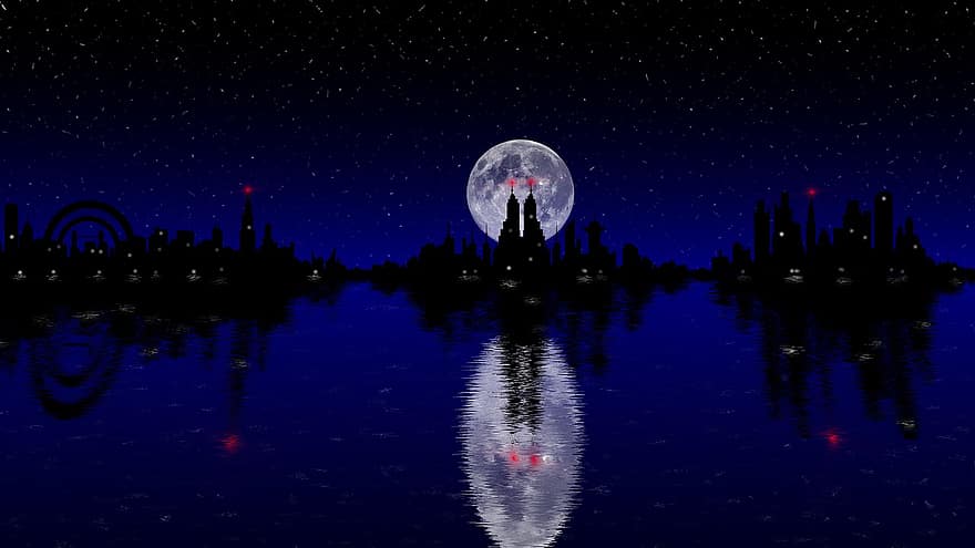 lluna, nit, ciutat, paisatge urbà, aigua, reflexions, cel, blau, reflexió, fons, fosc