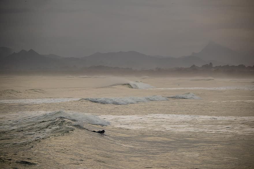 sörf yapmak, dalga, okyanus, sörfçü, gün batımı, spor, sis, Su, kıyı şeridi, kum, peyzaj