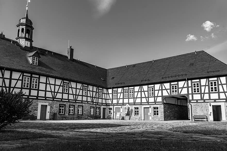 Herrenhof Erlahammer, ngành kiến ​​trúc, xây dựng, đen và trắng, saxony, nước Đức