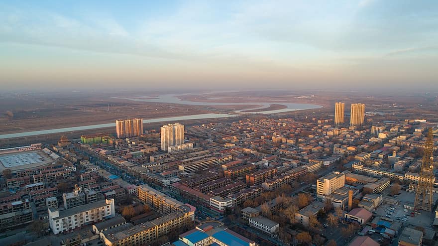 ēkām, upe, pilsētas, pilsēta, iela, no rīta, debesis, skats, antenu, shijiazhuang