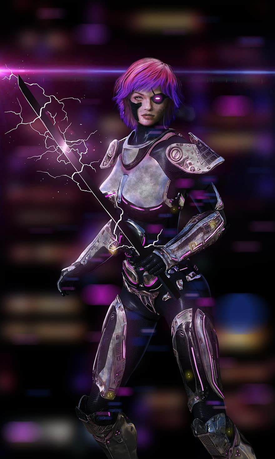 robot, cyborg, spada, donna, futuristico, fantascienza, artificiale, macchina, tecnologia, fantasia