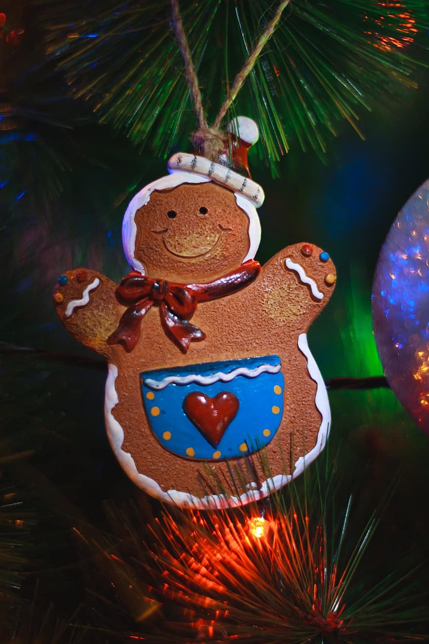 omino di marzapane, Natale, albero di Natale, ornamento, decorazione natalizia, decorazioni natalizie, luci, decorazione, biscotto, celebrazione, inverno
