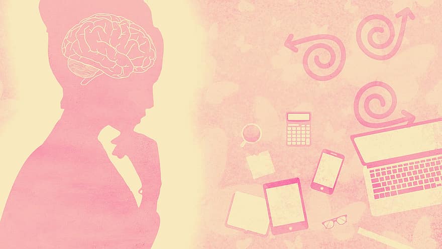 rosa, kvinne, hjerne, datamaskin, desktop, tenker, arbeid, opprettelse, problemløsning, digitalt, teknologi