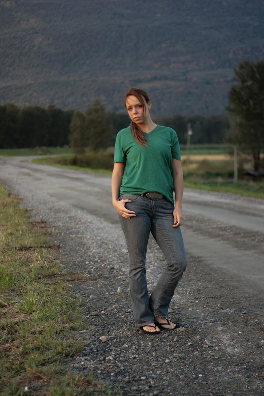 Woman, Standing, Outside, Nature, Jeans, T-shirt, Long, Hair, Ponytail, Alone, Gravel