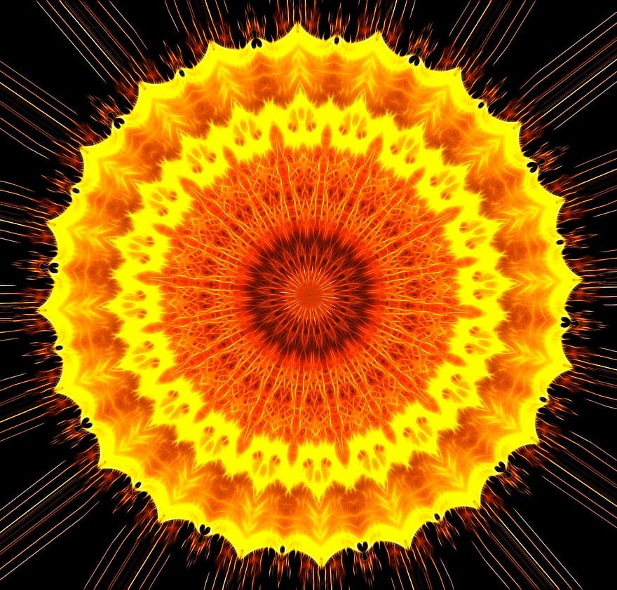kaleidoskop, mandala, sol, stråler, mønster, design, symmetri, farge, geometrisk, konsentriske, rund