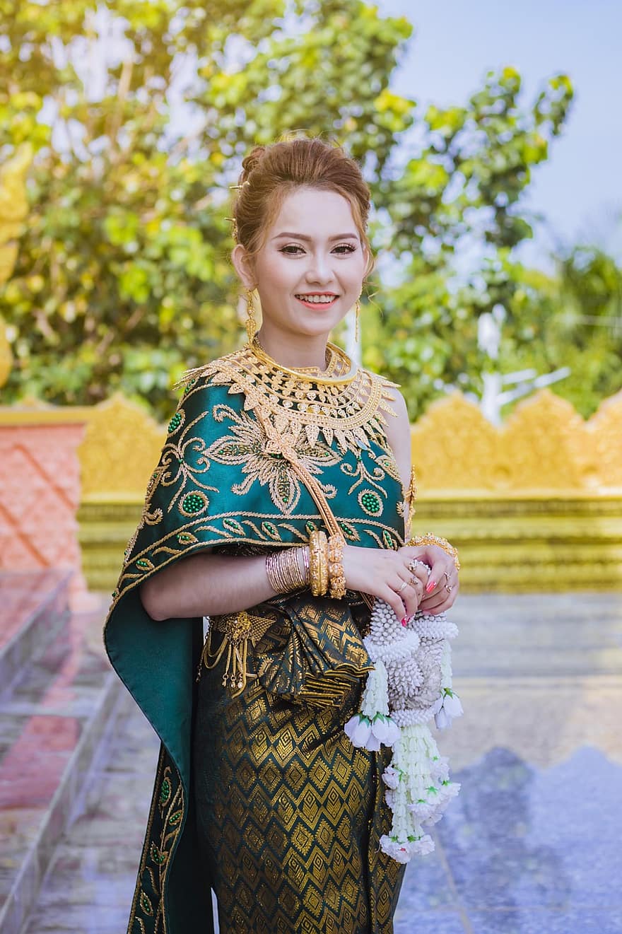 кхмерский, мода, женщина, Национальная одежда, традиционный, невеста, прекрасный, хорошенький, девушка, Камбоджа, модель
