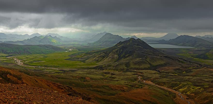 Islandija, kalnai, aukštumos, pobūdį, laugavegur, kalnas, kraštovaizdį, žolė, kaimo scenoje, žalia spalva, pievos