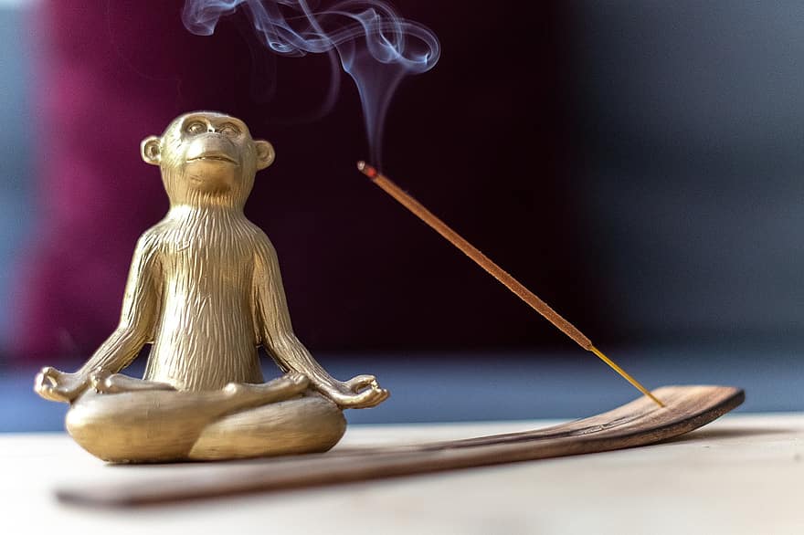 Yoga, Monkey, Incense, Meditation, Decoration, Gold, Lotus Position, Ritual, Spirituality, Smoke, Figurine