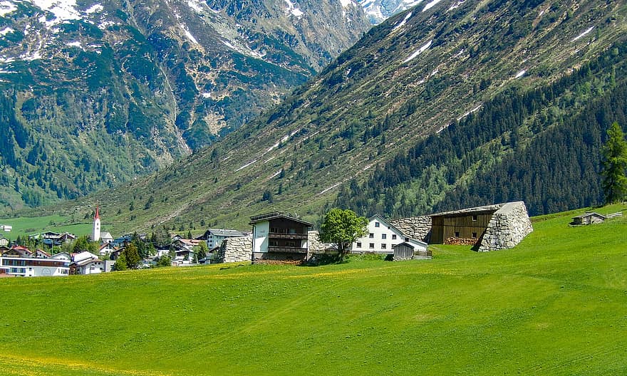 Alperne, landsby, landskabet, landdistrikterne, Paznaun, Galtür, Lavinesikringsvæg, tyrol, østrig, Avalanche Sparrow Wedge, støttemur