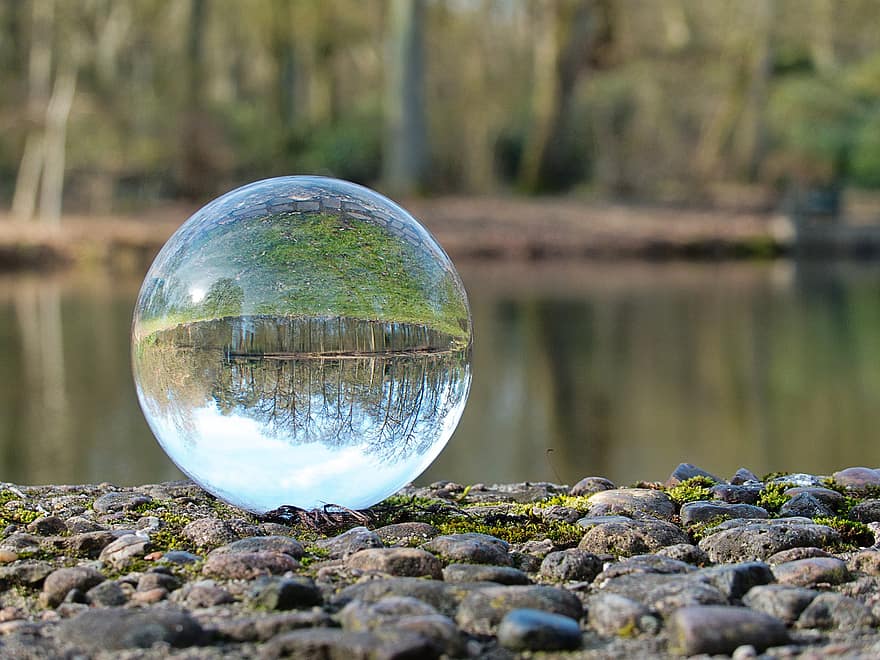 lensball, lago, banco, guijarros, reflexión, bola de cristal, arboles, bosque