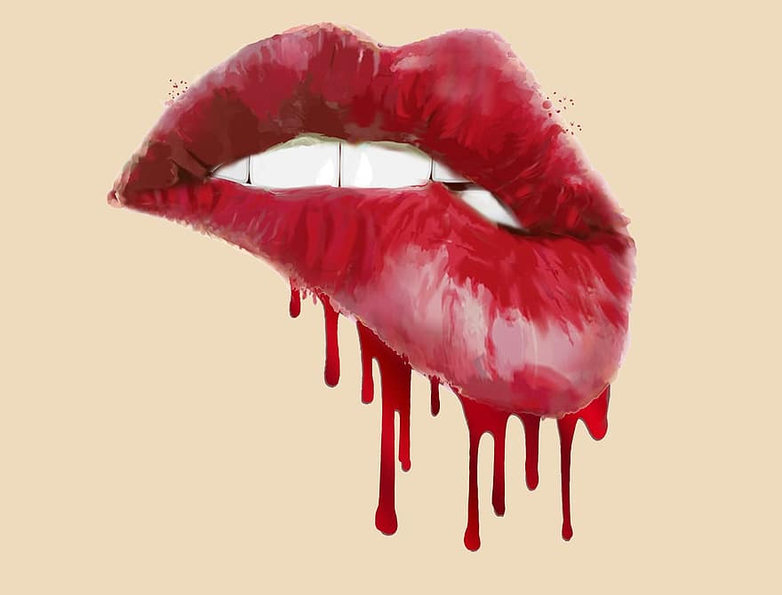 mun, blod, Droppande blod, läppstift, mänskliga läppar, skönhet, måla, kvinnor, sensualitet, kärlek, skönhetsprodukt
