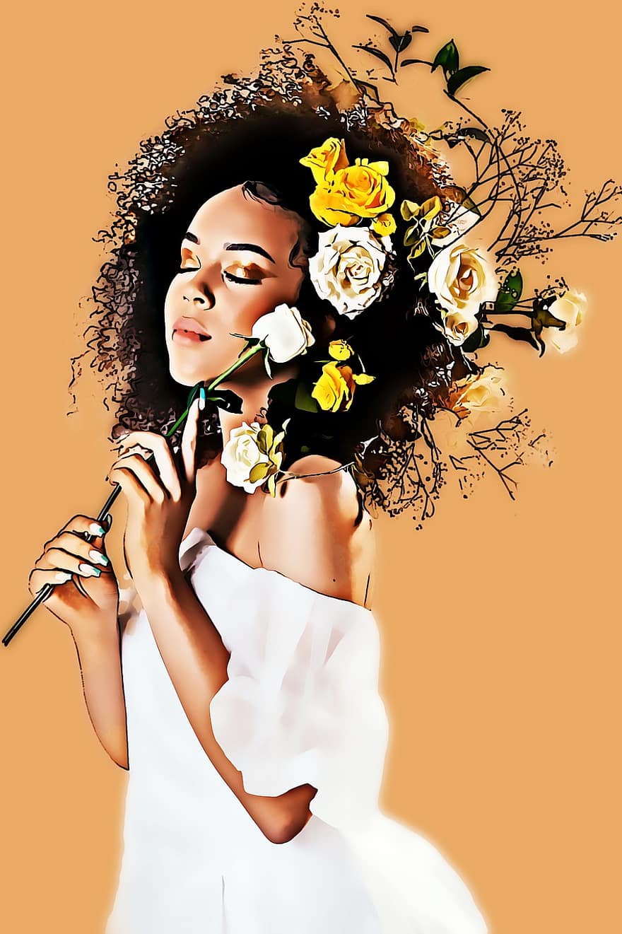 mujer, las flores, ramo de flores, pelo rizado, pelo, cara