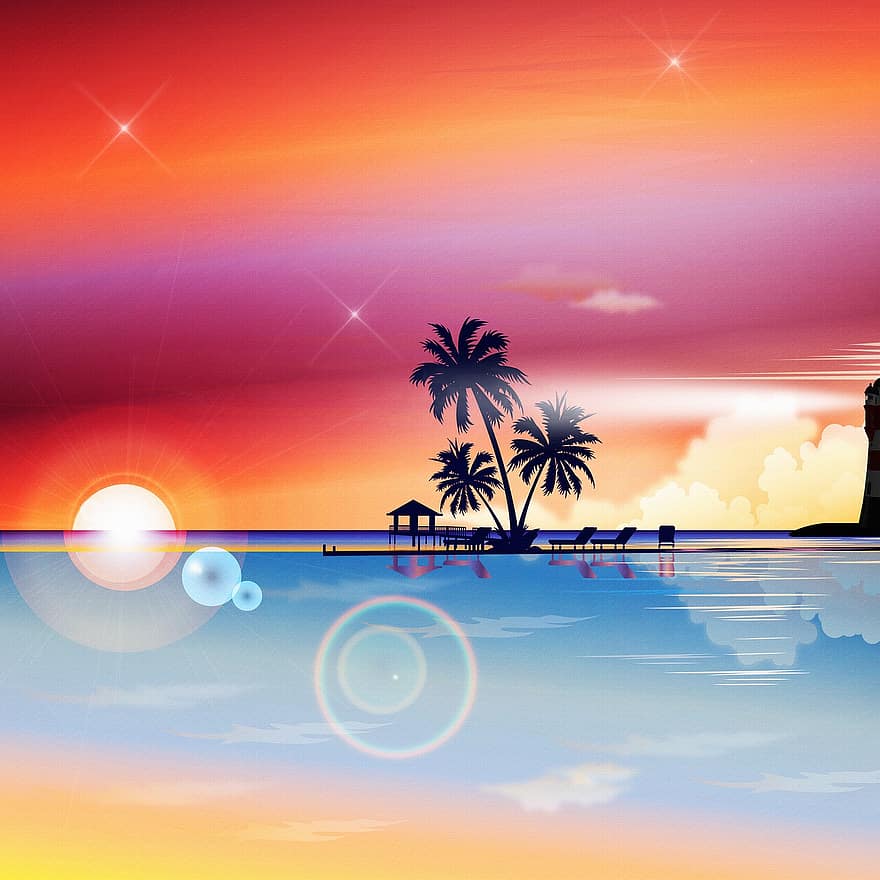 Strand, hav, palmer, kokosnøtt, vann, tropisk, resort, paradis, natur, skumring, solnedgang