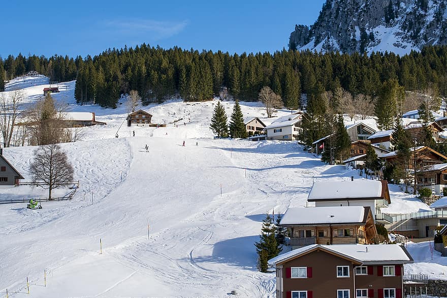 Šveicarija, Alpės, žiemą, sniegas, kaimas, slėnyje, kalnas, Sportas, kraštovaizdį, kotedžas, slidinėjimas
