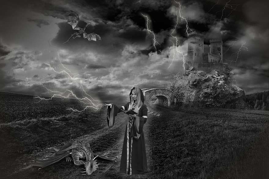 bruja, continuar, fantasía, mágico, tormenta, en blanco y negro, mujer, cristianismo, ilustración, hombres, escalofriante