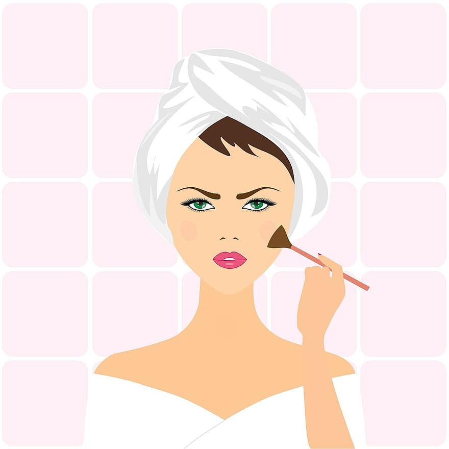 mulher, Aplicando maquiagem, aplicando, lindo, menina, blusher, escova, turbante