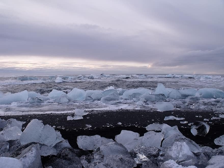 Islanda, iceberg, ghiacciaio, spiaggia, inverno, natura