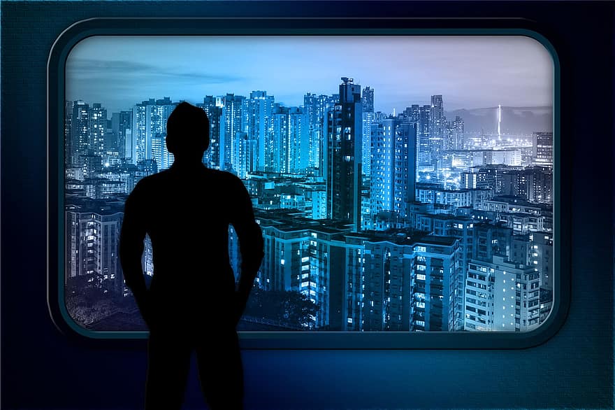l'horizon, Windows Hong-Kong, perspective, vue de dessus, homme, silhouette, visualisation, regarder, Cadre