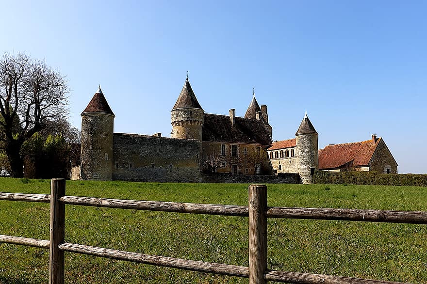 chateau, kastély, erőd, középkori építészet, középkorú, építészet, mező, tájkép