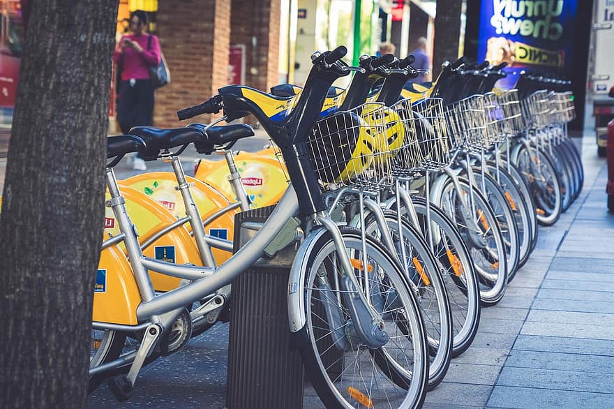 cykeludlejning, gade, by, cykler, parkeret, transportmidler, transportere, ride, indre by, by-, bevæger sig