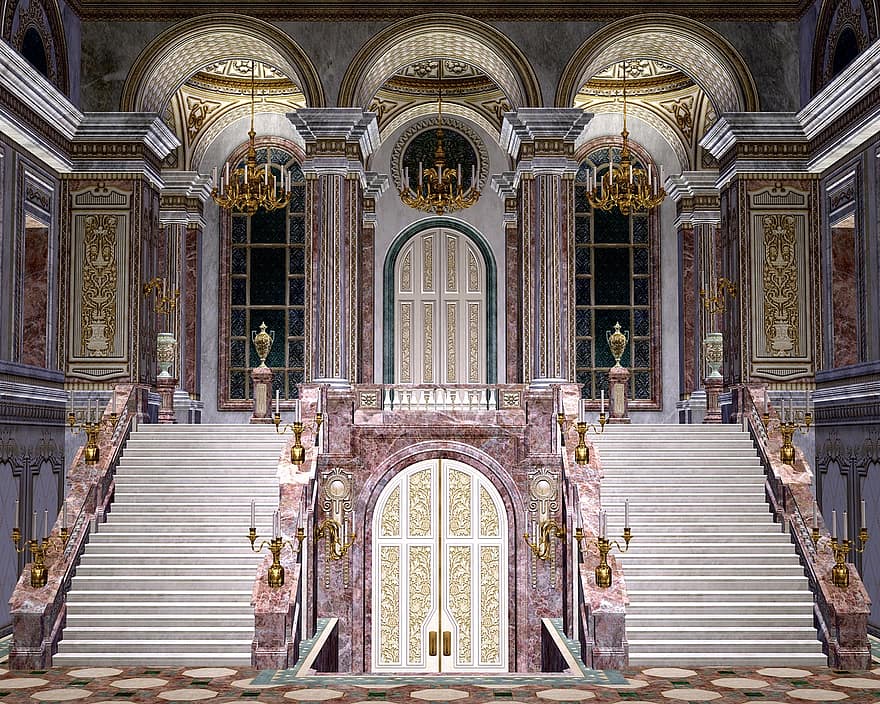 escalier, salle de bal, luxe, intérieur, marbre, or, élégance