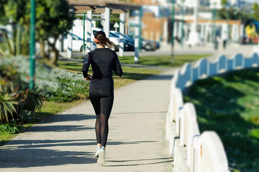 kvinna, löpning, kondition, motion, passa, trottoar, parkera, övning, sporter, wellness, kropp