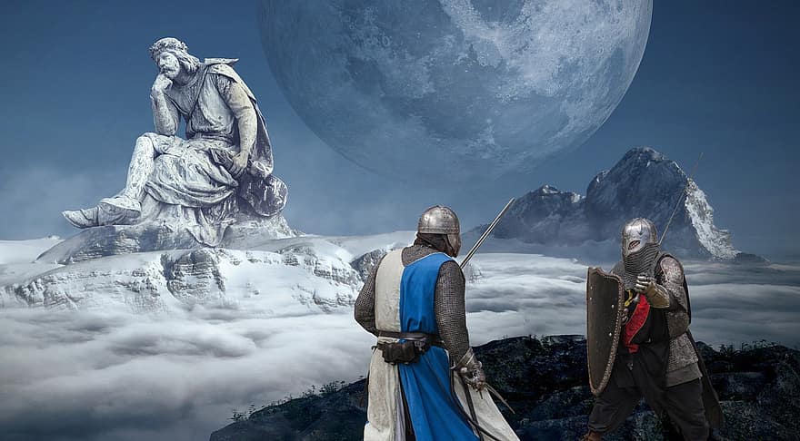 Knights, Moon, Clouds, Battle, Statue, Fantasy, Mountains, Background, men, mountain, success
