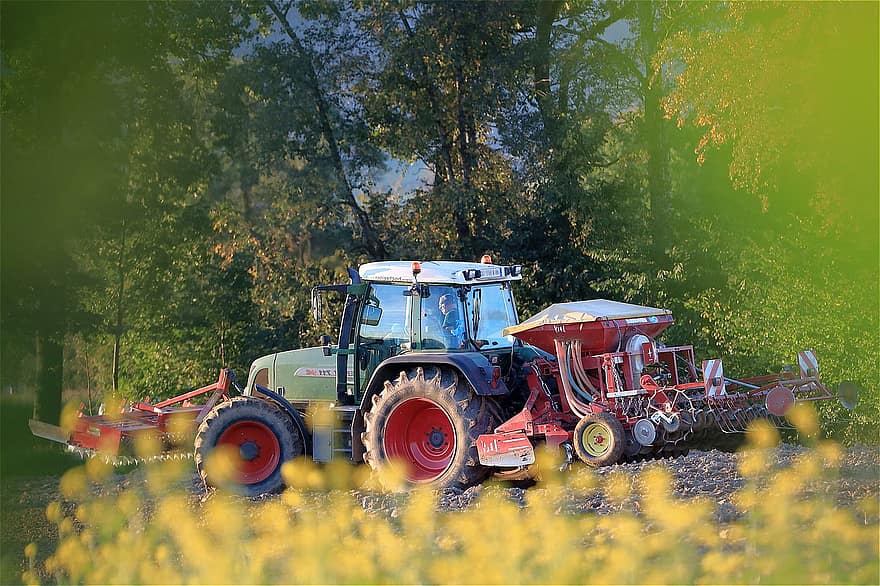 traktor, mesin pertanian, tanah subur, bidang, pertanian, penanaman, pekerjaan lapangan, abendstimmung, alat penyemai benih, musim gugur, fendt