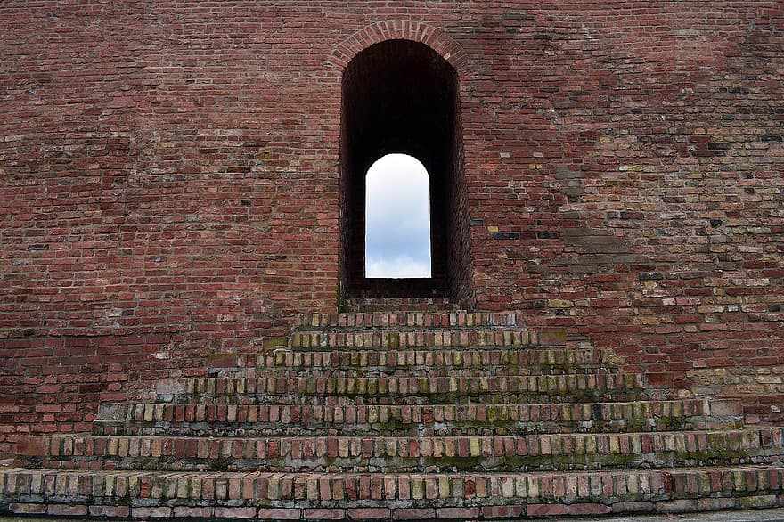 escadas, parede, forte, tijolo, Entrada, Forte Kostrzyn, fortificação, velho, monumento, arquitetura, característica de construção