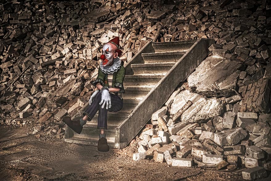 klaun, postava, sedící, smutný, kameny, schody