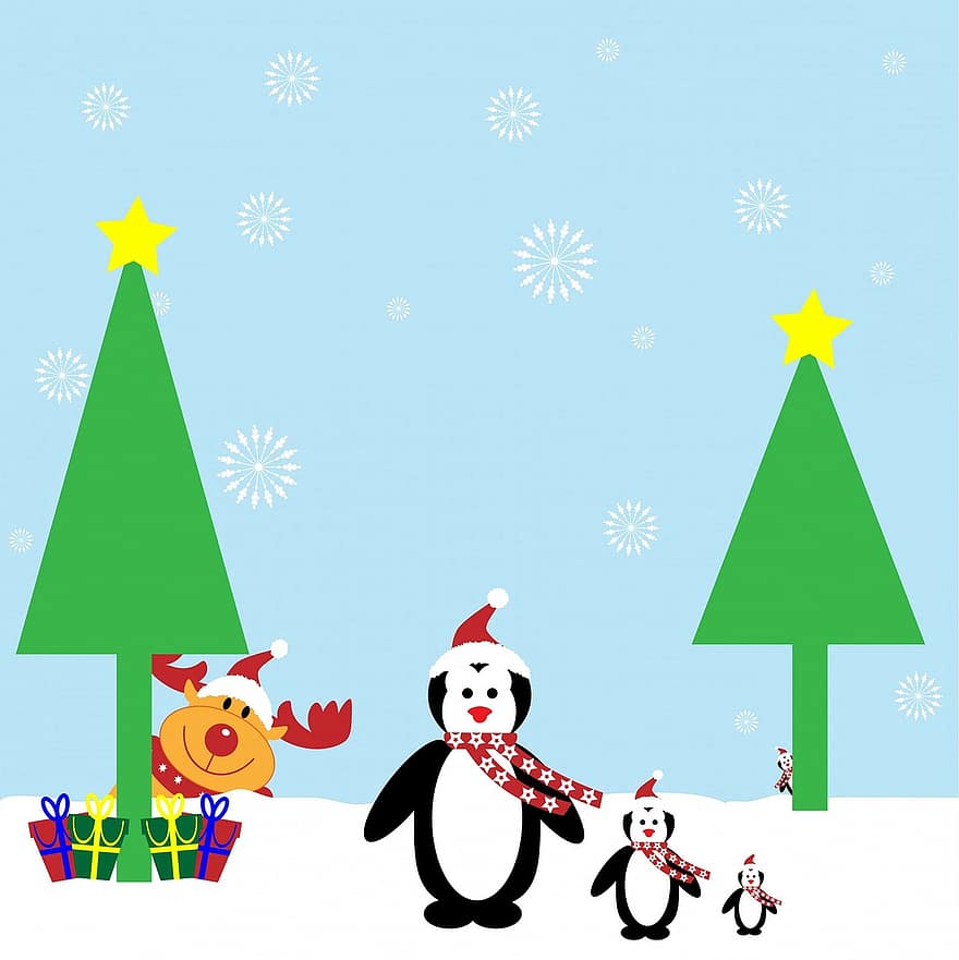 Kerstmis, pinguïn, penguins, rendier, kerstboom, kunst, sneeuwvlok, patroon, achtergrond, spotprent, pret