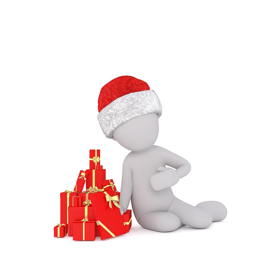 бял мъж, 3D модел, изолиран, 3d, модел, цялото тяло, бял, Санта шапка, Коледа, 3D Санта шапка, подаръци