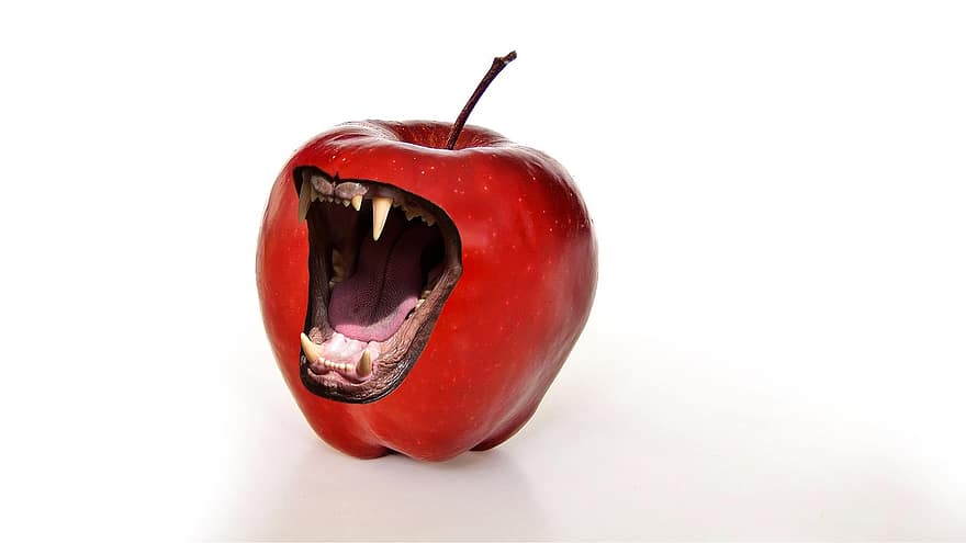 obuolys, švelnus, dantis, fangs, pavojinga, įkandimas, vaisiai, velnias, siaubas, aštrūs dantukai, pėdos