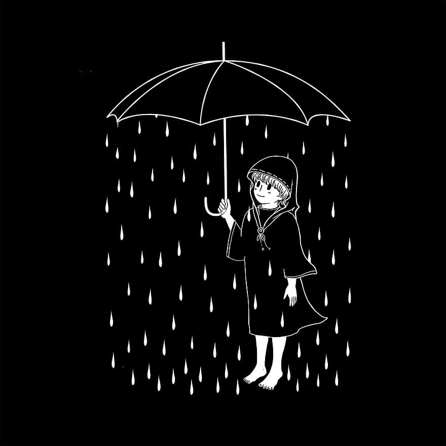 만화, 그림, 공상, 독창성, 소녀, 검정색과 흰색, 우산
