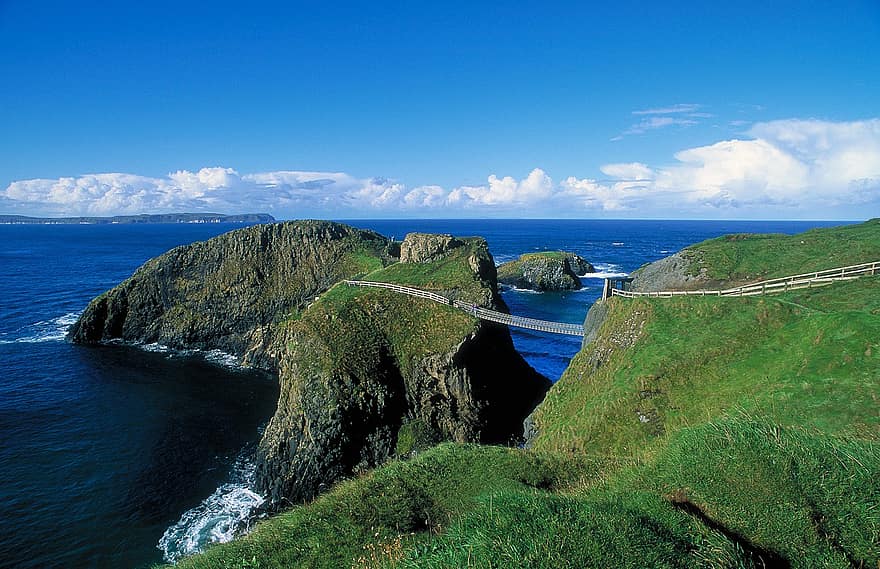 γέφυρα, γέφυρα σχοινιού, βραχώδεις ακτές, ωκεανός, νησί, θάλασσα, Ιρλανδία, Βόρεια Ιρλανδία