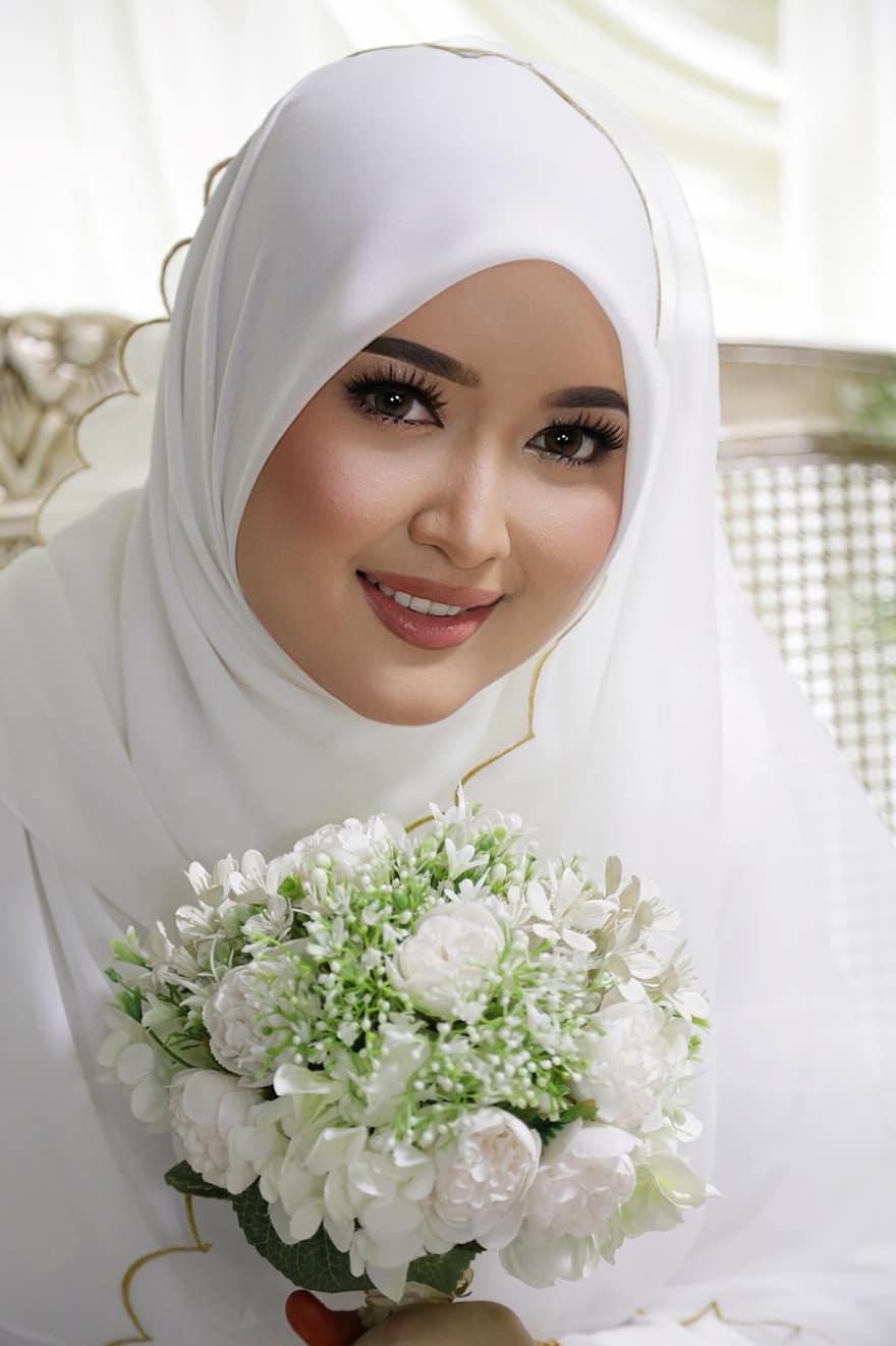 Frau, Modell-, Hijab, Lächeln, Hochzeit, muslimah, Gesicht, religiöser Schleier, Erwachsene, lächelnd, Schönheit