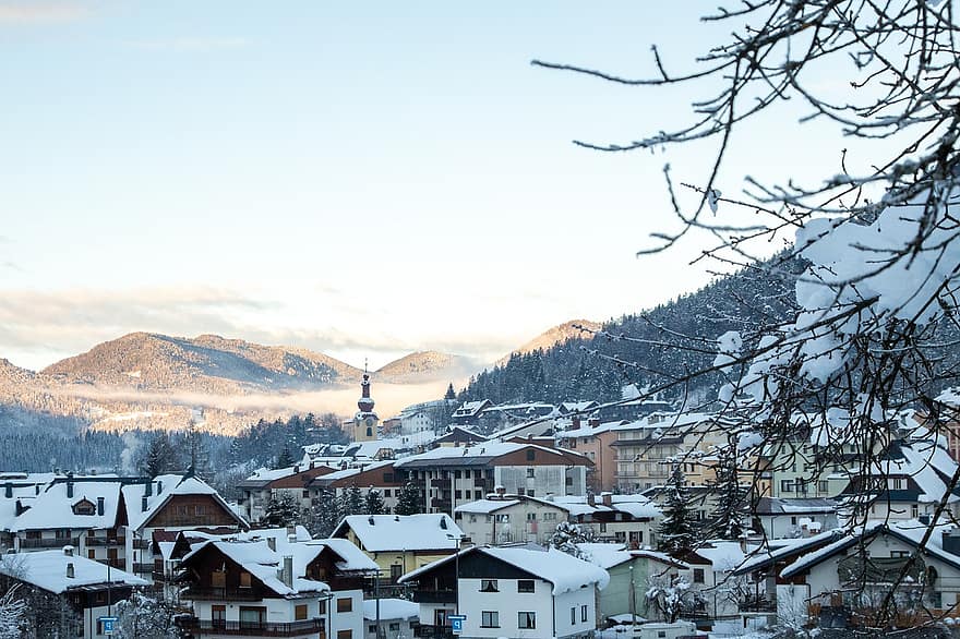 huse, by, sne, bjerge, Alperne, alpine, sne dækket, bybilledet, landsby, beboelse, boligområde