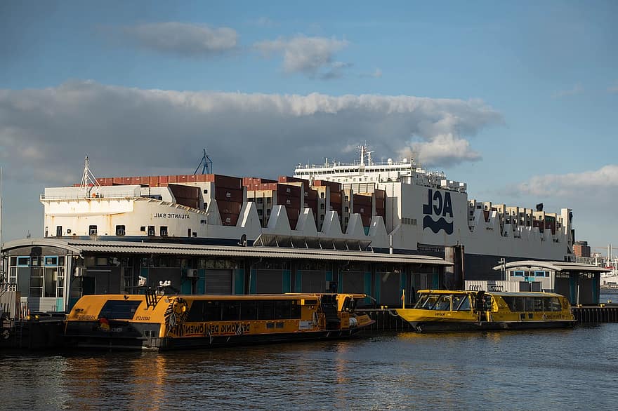 Hamburg, kikötő, konténerhajó, hajó, szállítás, víz, szállítási mód, kereskedelmi dokkoló, utazás, híres hely, utazási célpontok