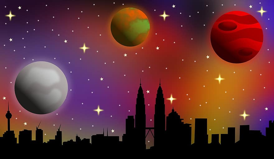 Petronas Twin Towers, Miasto, przestrzeń, gwiazdy, planety, asteroida, kometa, galaktyka, Ziemia, meteor, mgławica