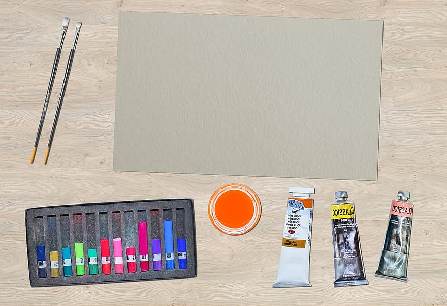 maling, oljemaling, skrivebord, papir, børster, børste, farge, kunstner, lerret, pensel, blande