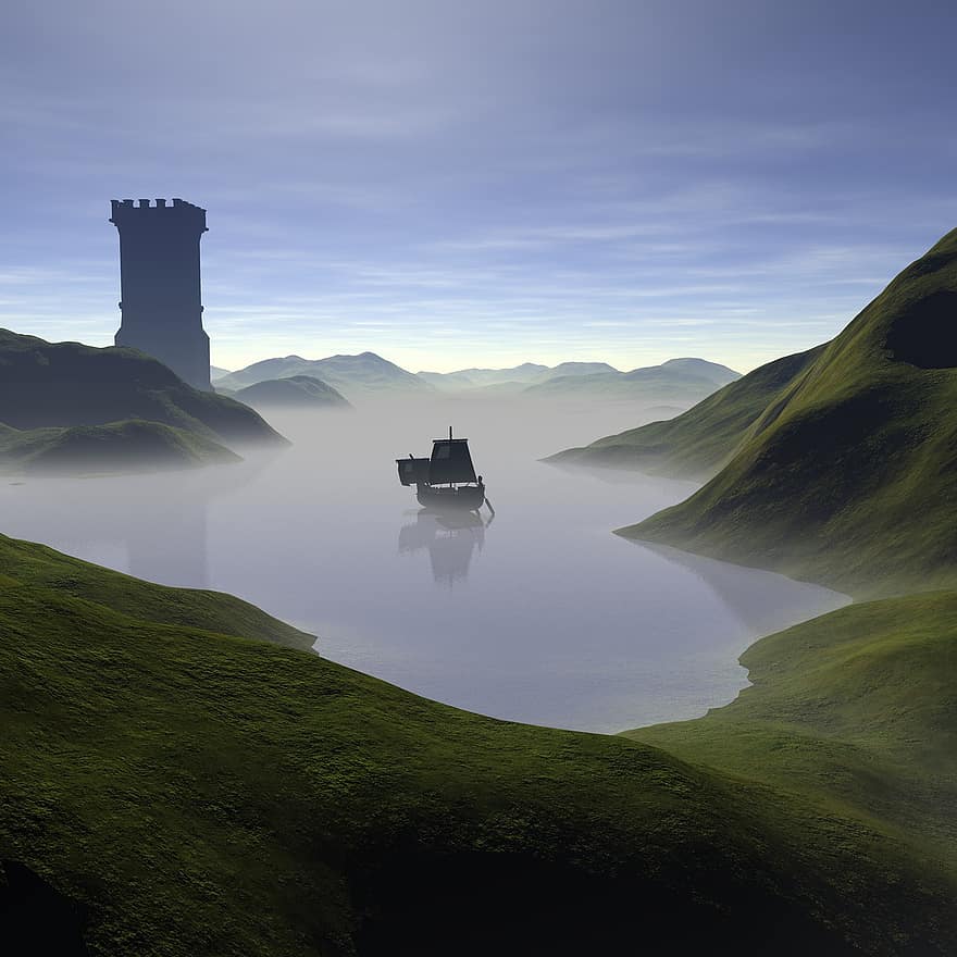 φαντασία, πύργος, λίμνη, μυστηριώδης, όνειρο, σκηνή, τοπίο, αρχαίος, ομίχλη