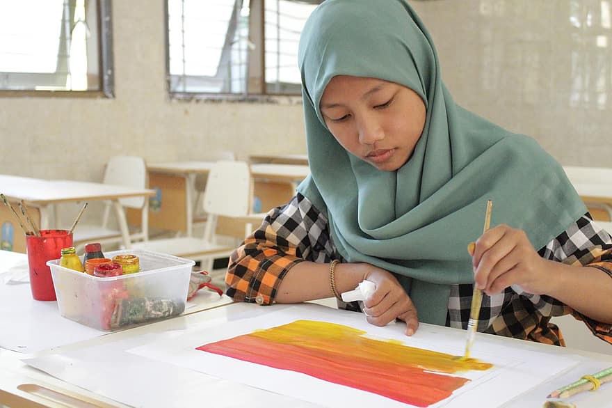 student, hijab, maleri, portrett, kunstner, maler, hunn, kvinnelig student, vannfarge, akvarell maleri, ung kvinne