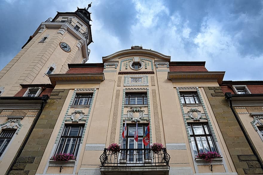 Ajuntament, bílina, República Txeca, edifici, façana, torre, històric, Edifici Art Nouveau