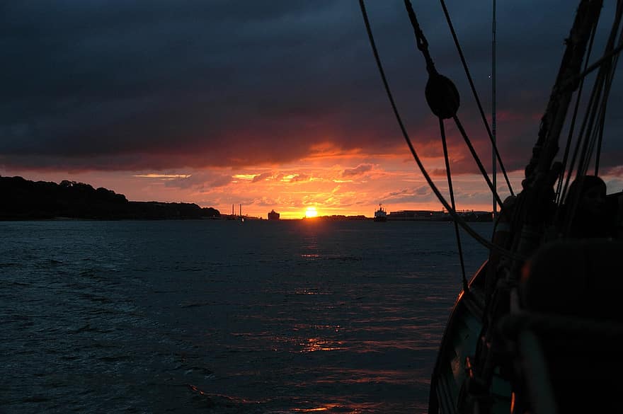 puesta de sol, Puerto, hamburg, velero, Elba, barco mercante, Alemania, río, Envío, luces, transporte
